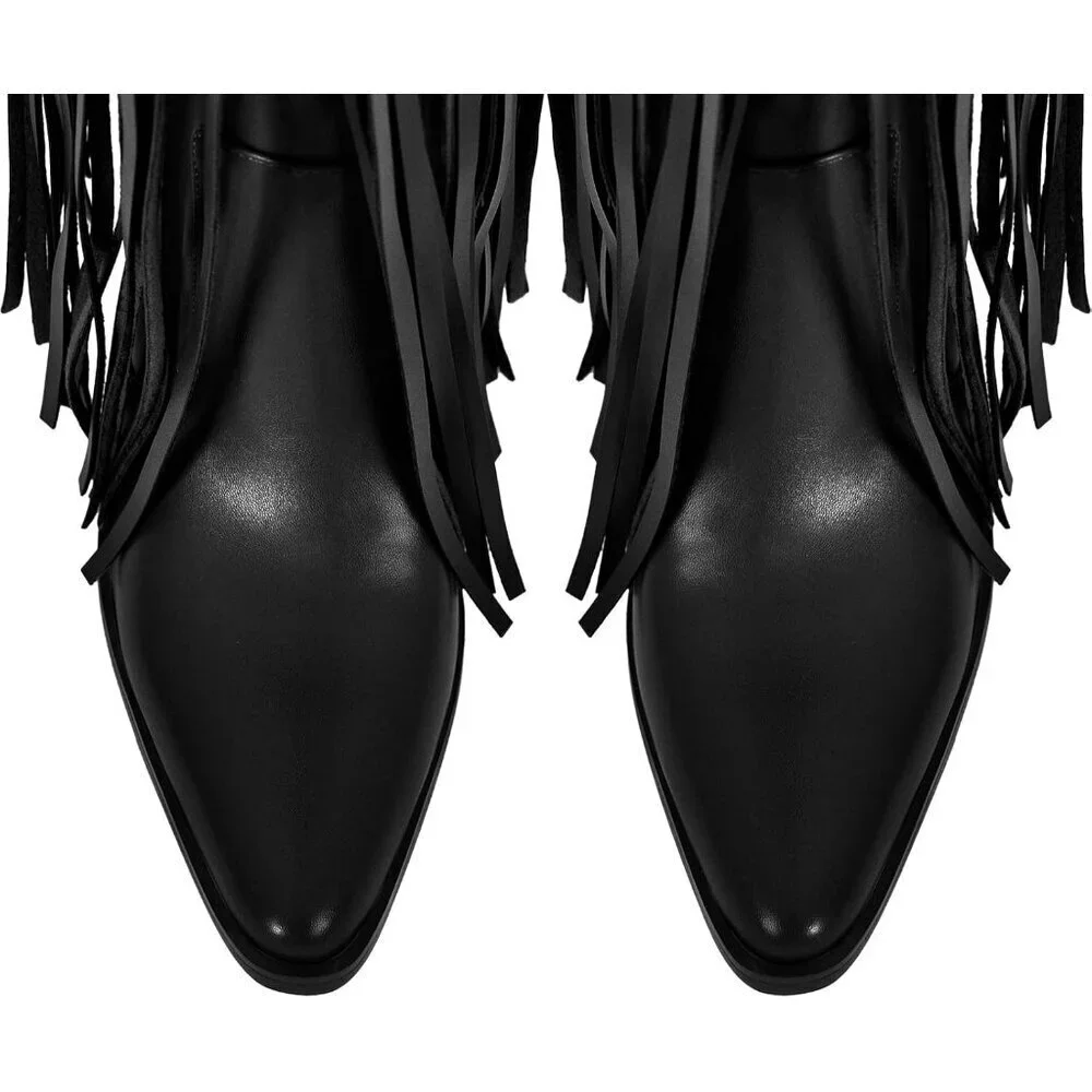 Women Black Synthetic Fringe Thigh High Tassels Wide Calf Over Knee Pointed Boot